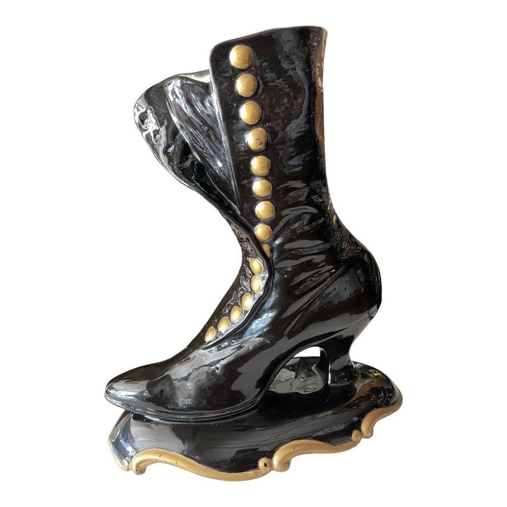 Atlantic Mold Victorian Black And Gold High Top Button Boot Vase Planter